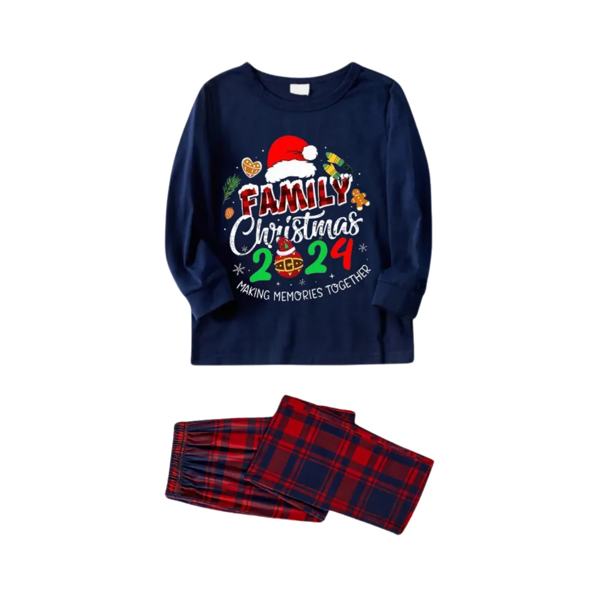 "Family Christmas 2024" Text and Santa Hat Prints Blue Long Sleeves Top with Red and Blue Plaid Pants Christmas Matching Pajamas