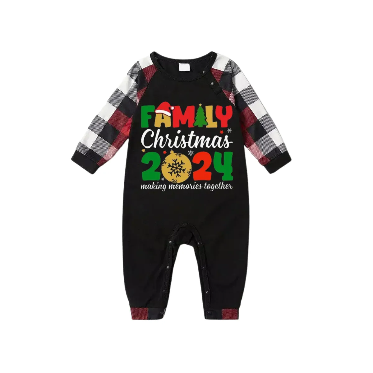 "FNMILY Christmas 2024 "Colorful Text Printed Pattern Black Top with Red&Black&White Plaid Sleeves Family Matching Pajamas
