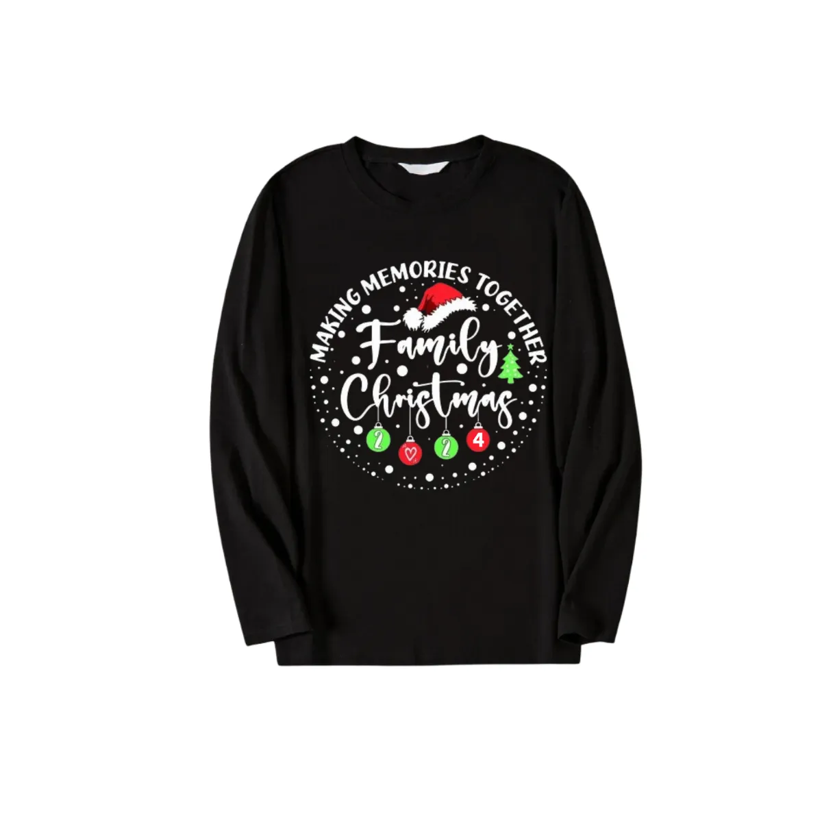 "Making Memories Together Family Christmas 2024" Circle Colorful Text Pattern Black Long Sleeve Top