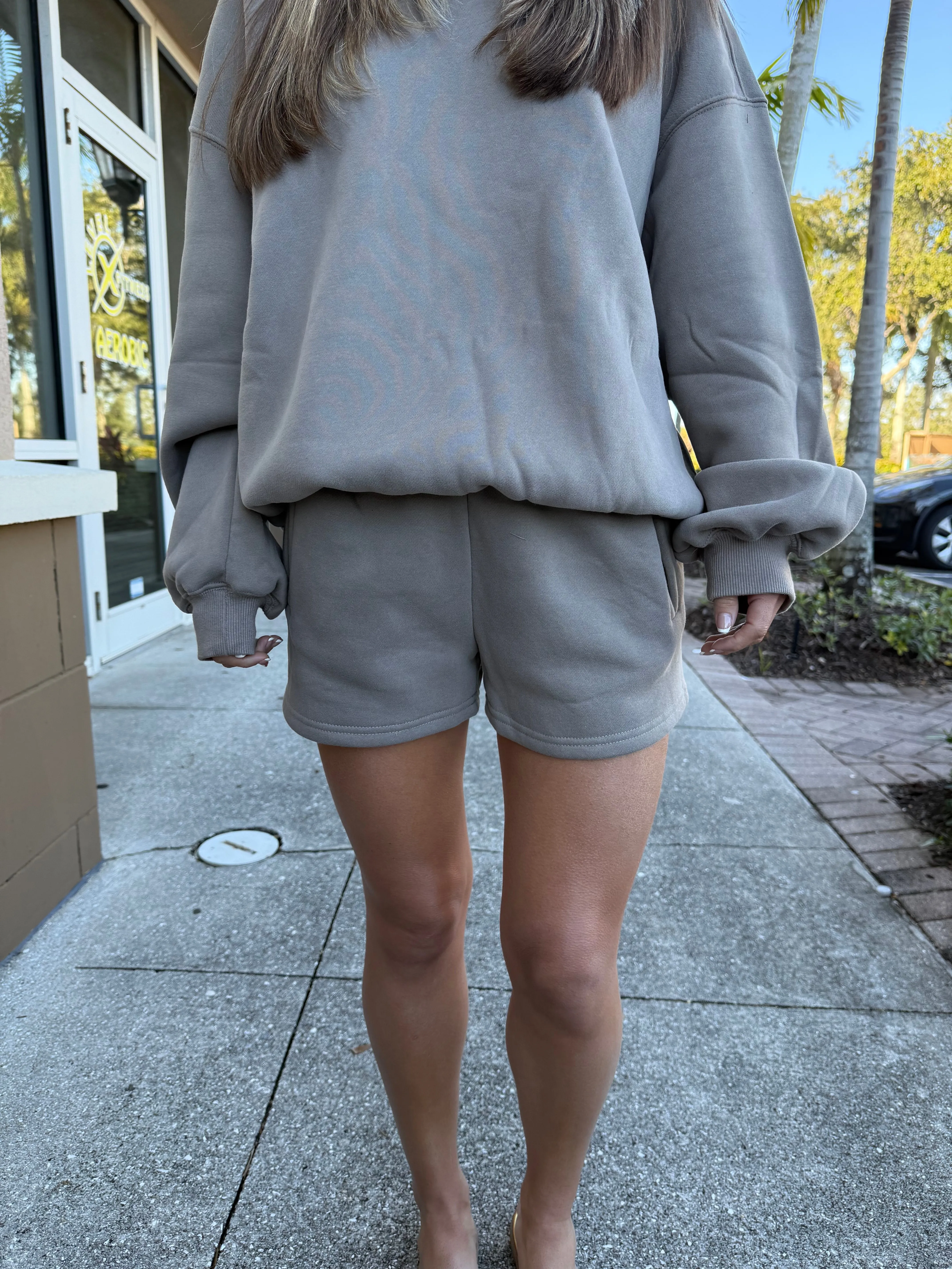 "Twin Flame" Grey Elastic Fleece Shorts w/ Front Pockets