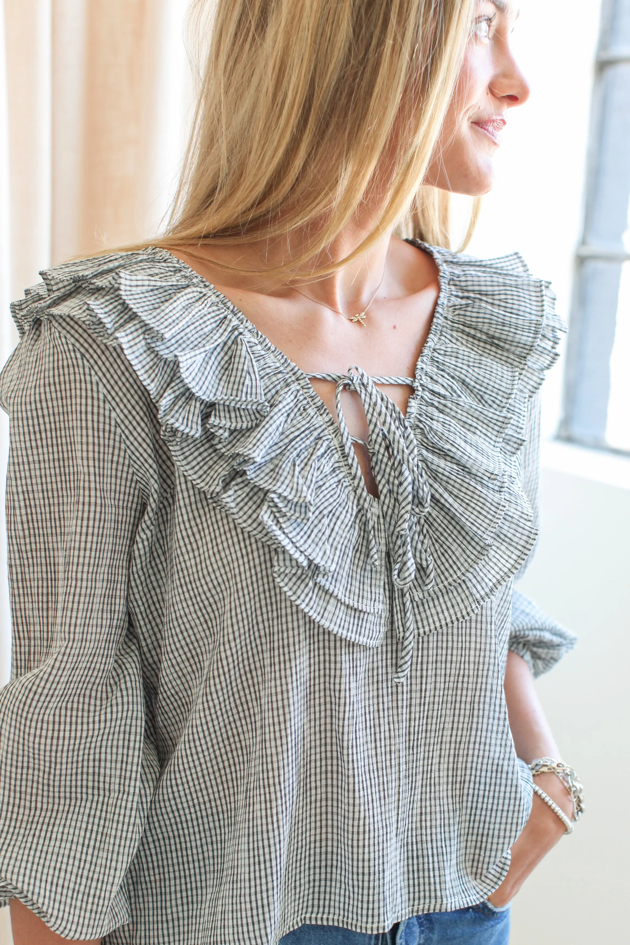 Rachelle Ruffle Blouse- Plaid Reflective Trim Details