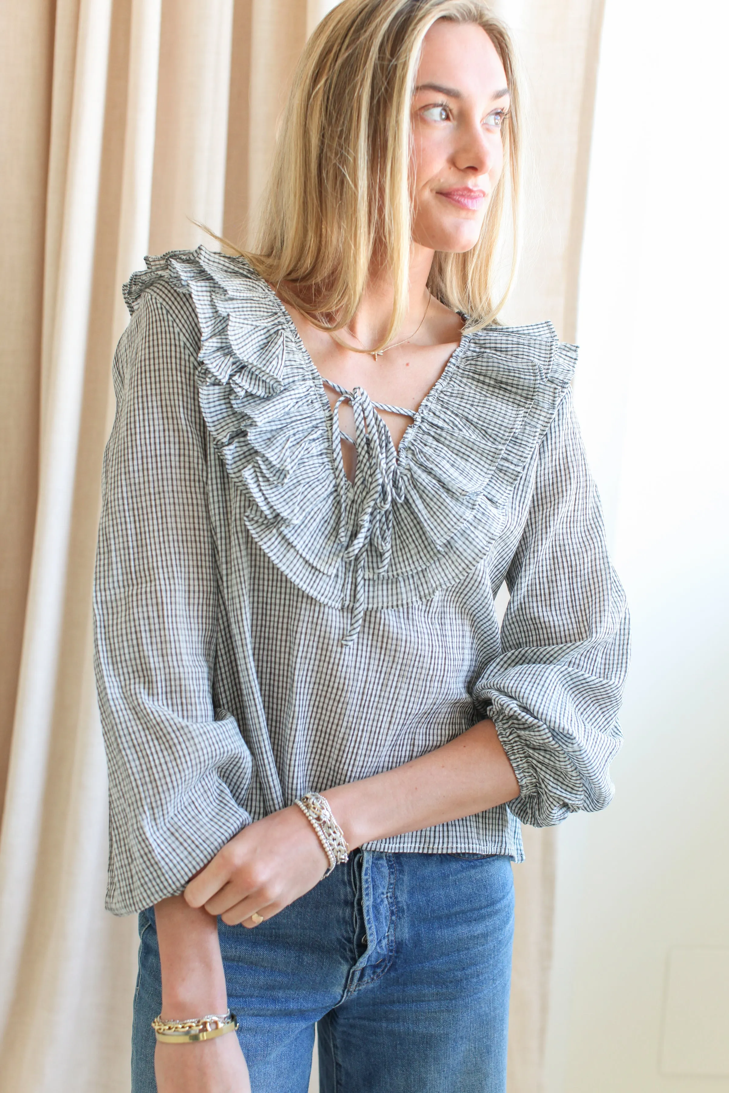 Rachelle Ruffle Blouse- Plaid Compact Thermal Insulation