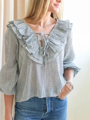 Rachelle Ruffle Blouse- Plaid Anti Static Cloth Blend ErgonomicSleeves