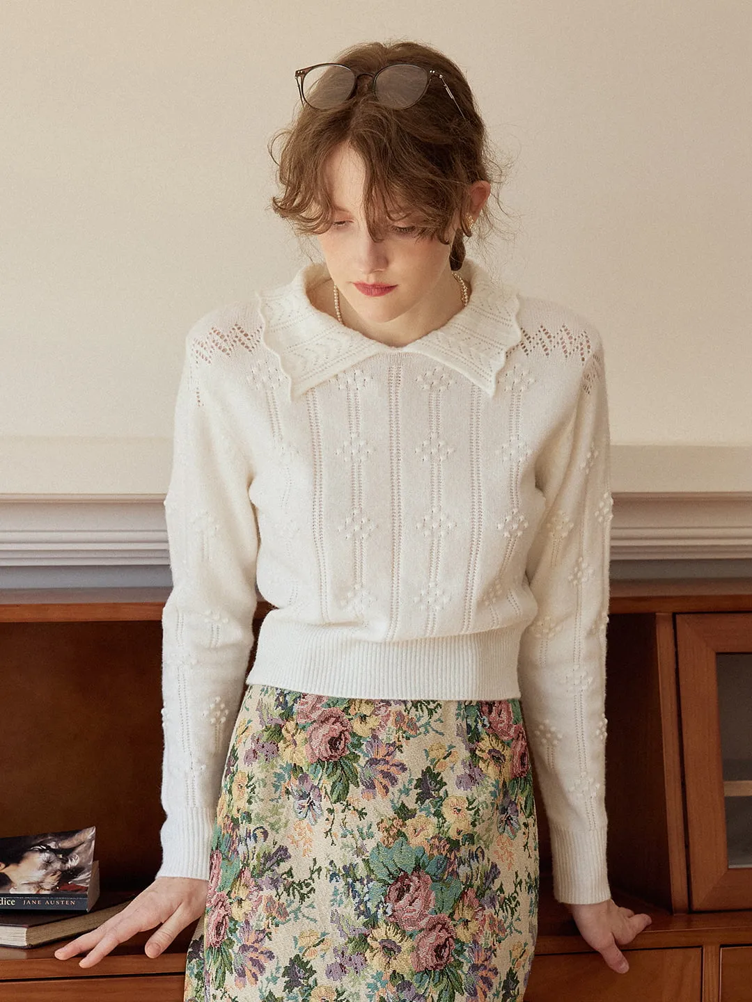 Summer Style Jasmine Cable Polo White Knit Sweater