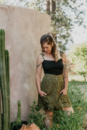 Stretch Ready Stay Comfortable Rah Rah Skirt in Green Floral Calico Crepe