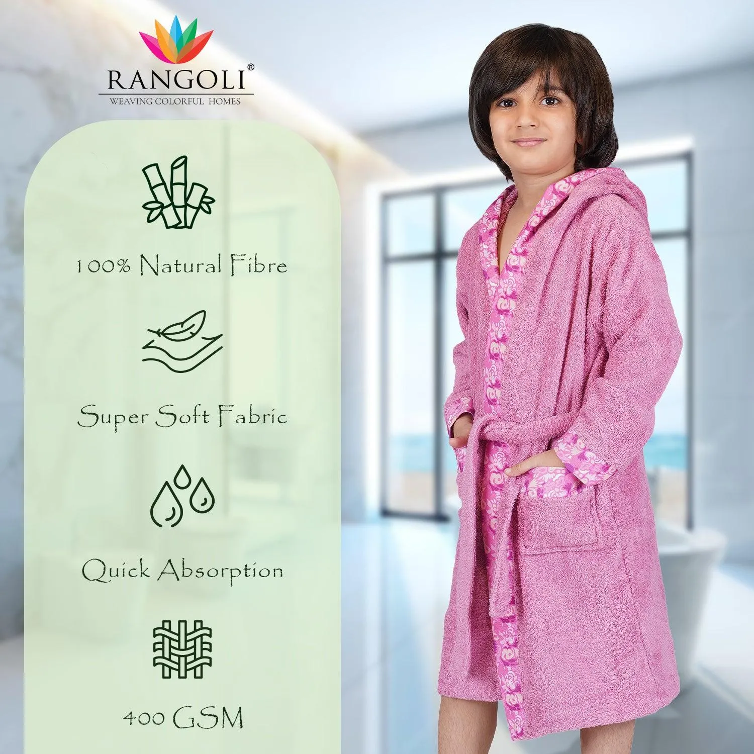 Rangoli Kids Bamboo Hooded Bathrobe | 500 GSM Ultra-Soft & Lightweight | 100% Bamboo Fabric for Gentle Comfort | Highly Absorbent & Breathable | Perfect for Bath, Swim, and Relaxation | Available in Various Sizes