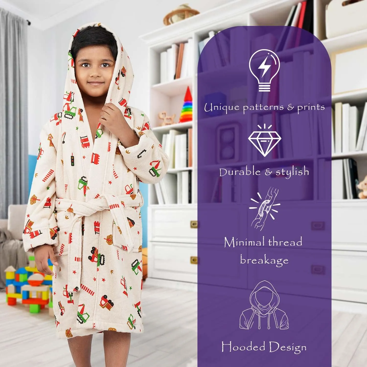 Rangoli Kids Cotton Bathrobe 400 GSM (Tractor Design) for Girls and Boys
