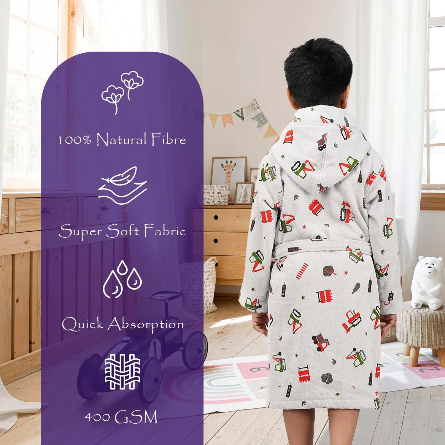 Rangoli Kids Cotton Bathrobe 400 GSM (Tractor Design) for Girls and Boys