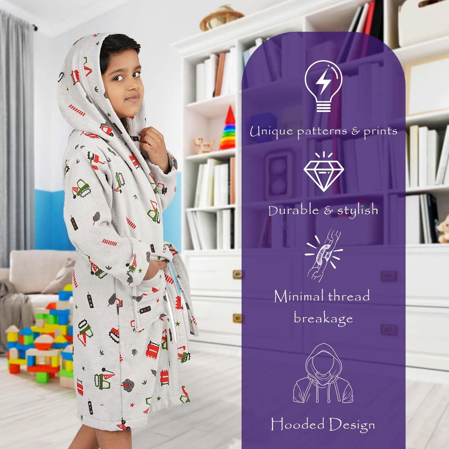 Rangoli Kids Cotton Bathrobe 400 GSM (Tractor Design) for Girls and Boys