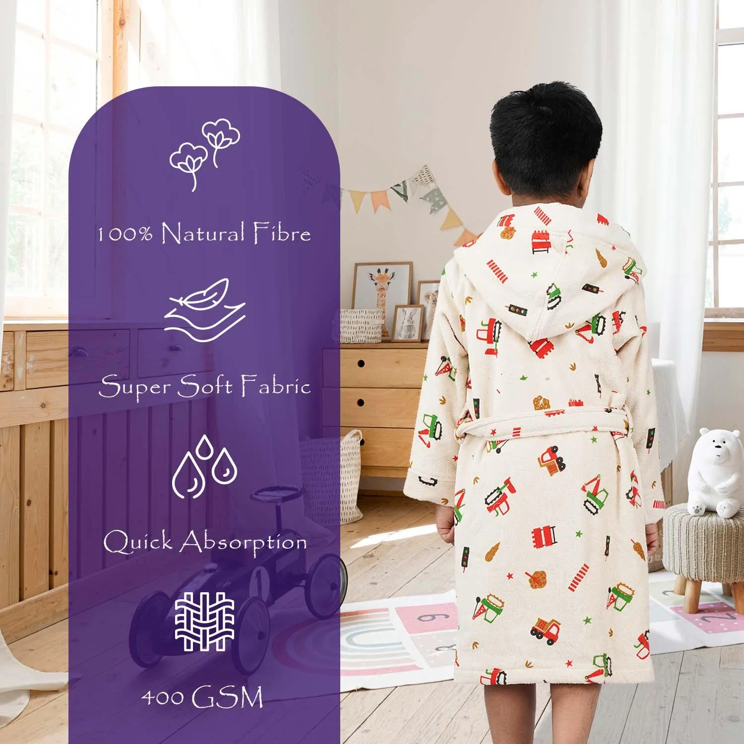 Rangoli Kids Cotton Bathrobe 400 GSM (Tractor Design) for Girls and Boys