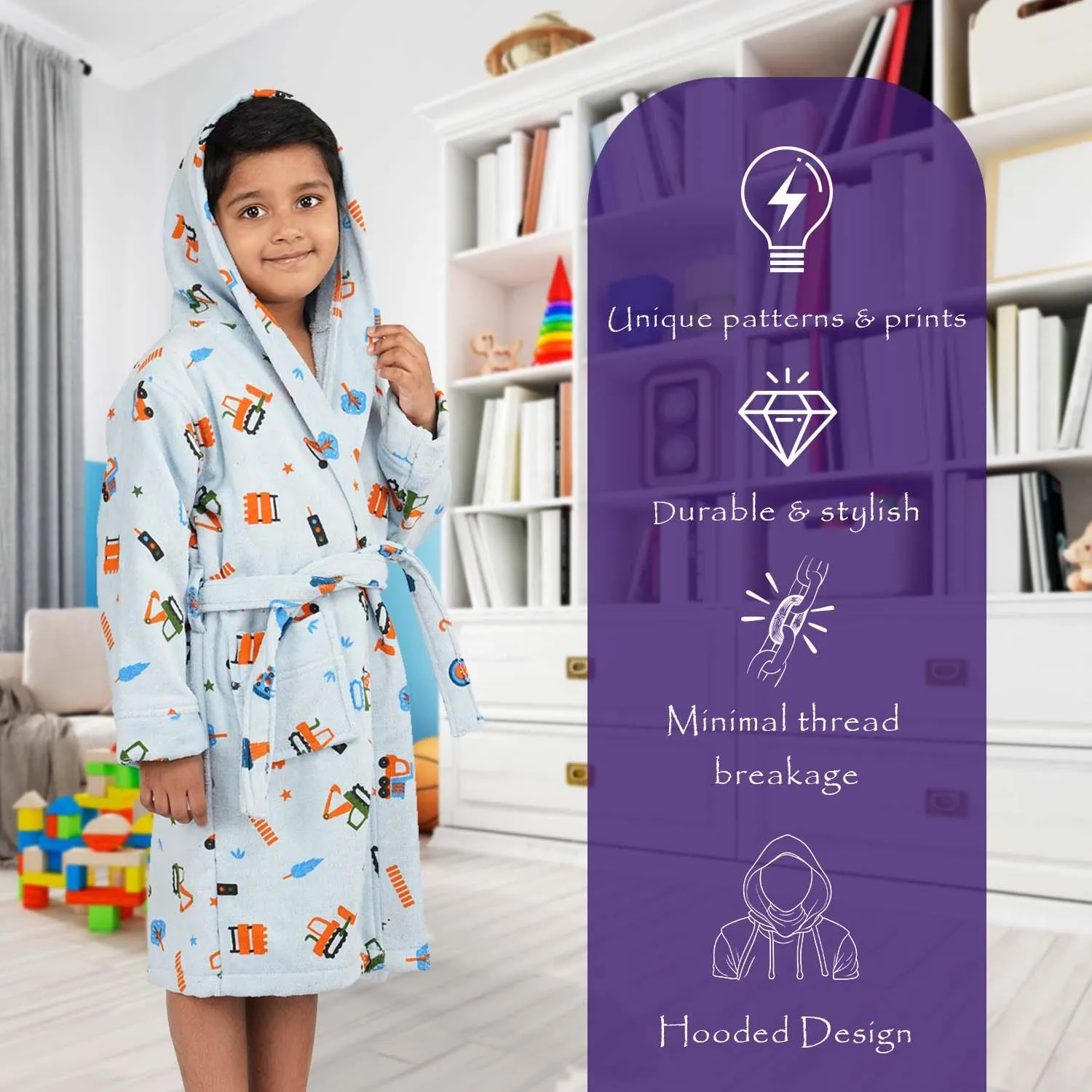 Rangoli Kids Cotton Bathrobe 400 GSM (Tractor Design) for Girls and Boys