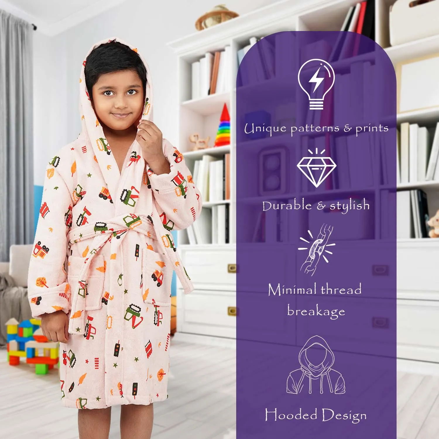 Rangoli Kids Cotton Bathrobe 400 GSM (Tractor Design) for Girls and Boys