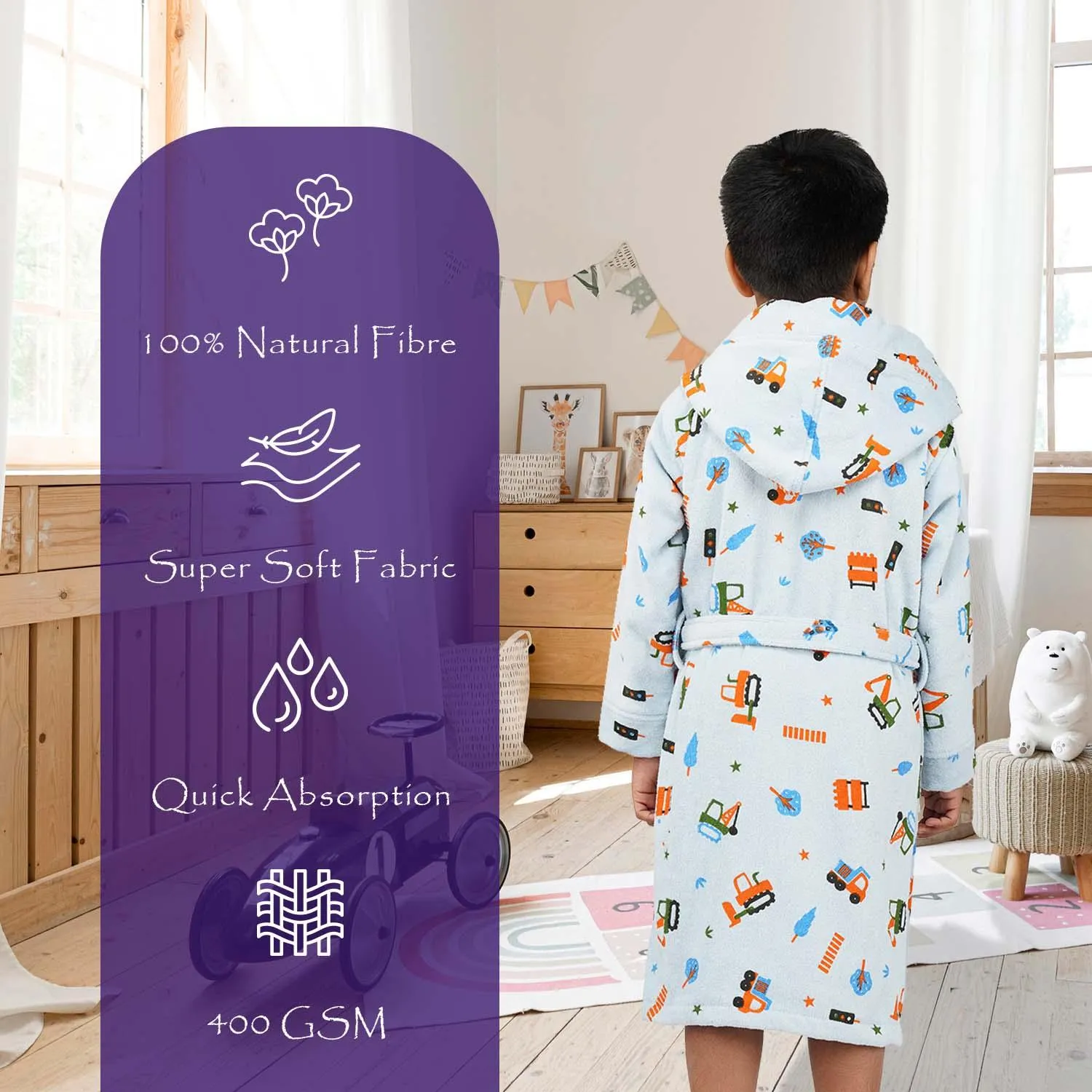 Rangoli Kids Cotton Bathrobe 400 GSM (Tractor Design) for Girls and Boys