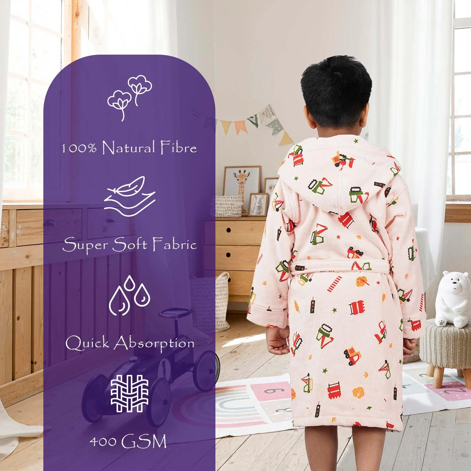 Rangoli Kids Cotton Bathrobe 400 GSM (Tractor Design) for Girls and Boys