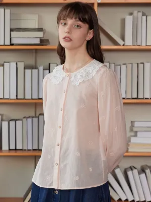 ??Final Sale??Neriah Raspberry Embroidered Peter Pan Collar Cotton Blouse SnagProof Stylish T-shirt