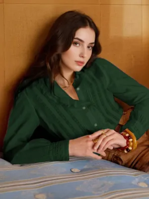 Holly V-Neck Green Blouse SoftInteriorLining NonRestrictiveCollar
