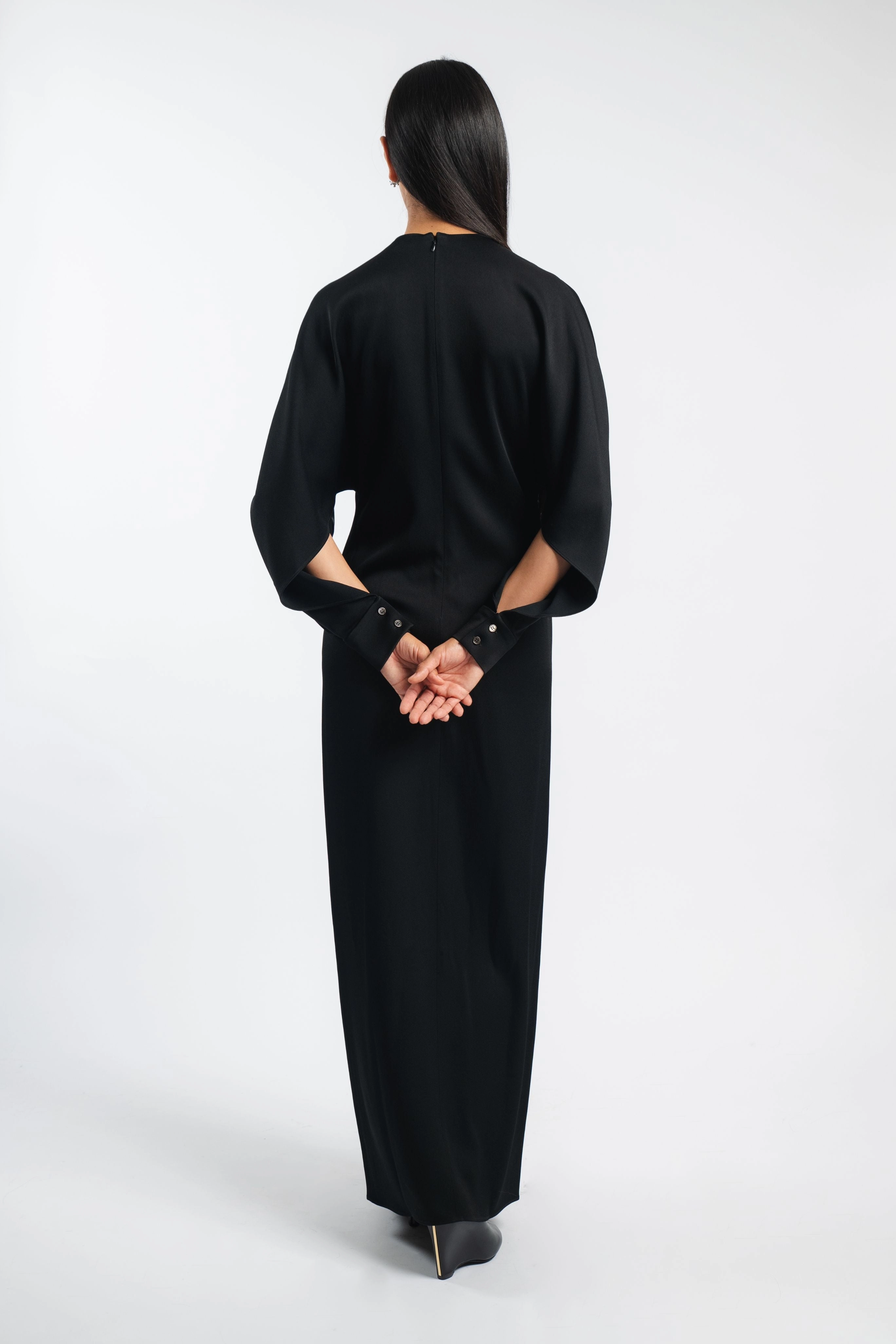High-Low-Hem Curve Friendly Satin Slit Sleeve Gown