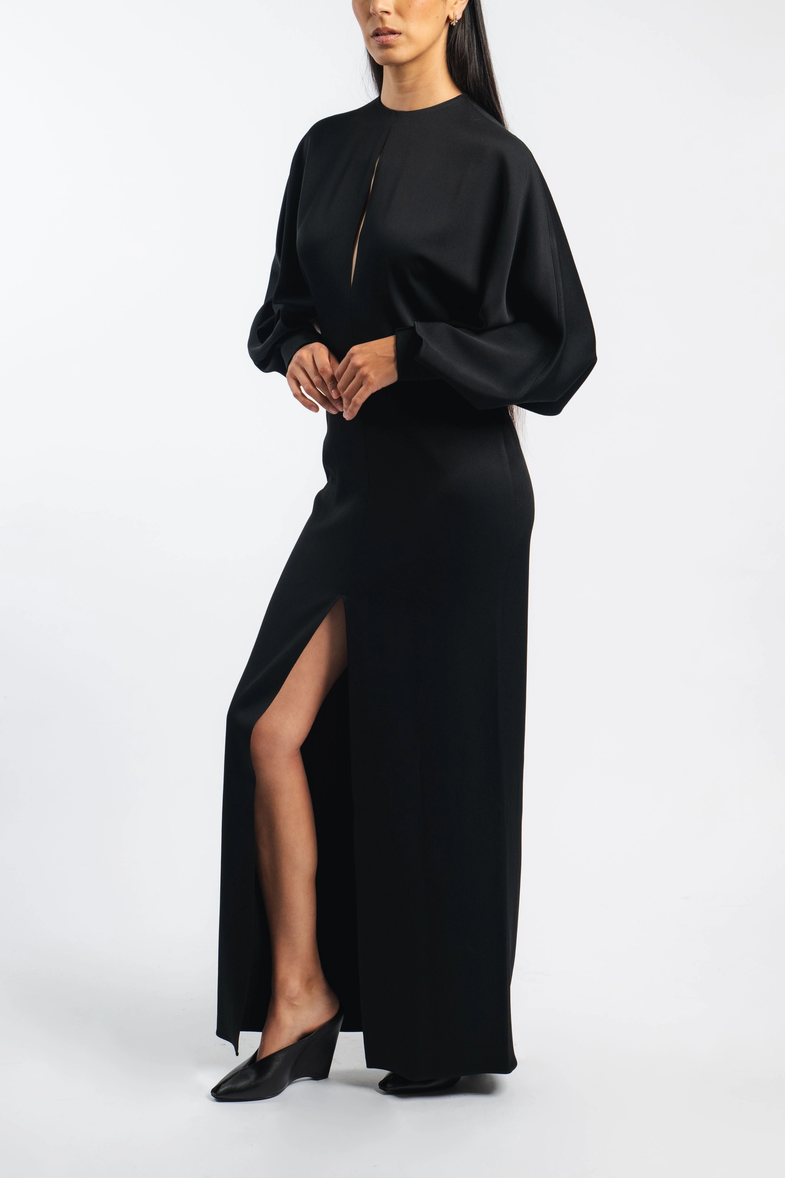 Full Coverage Satin Slit Sleeve Gown