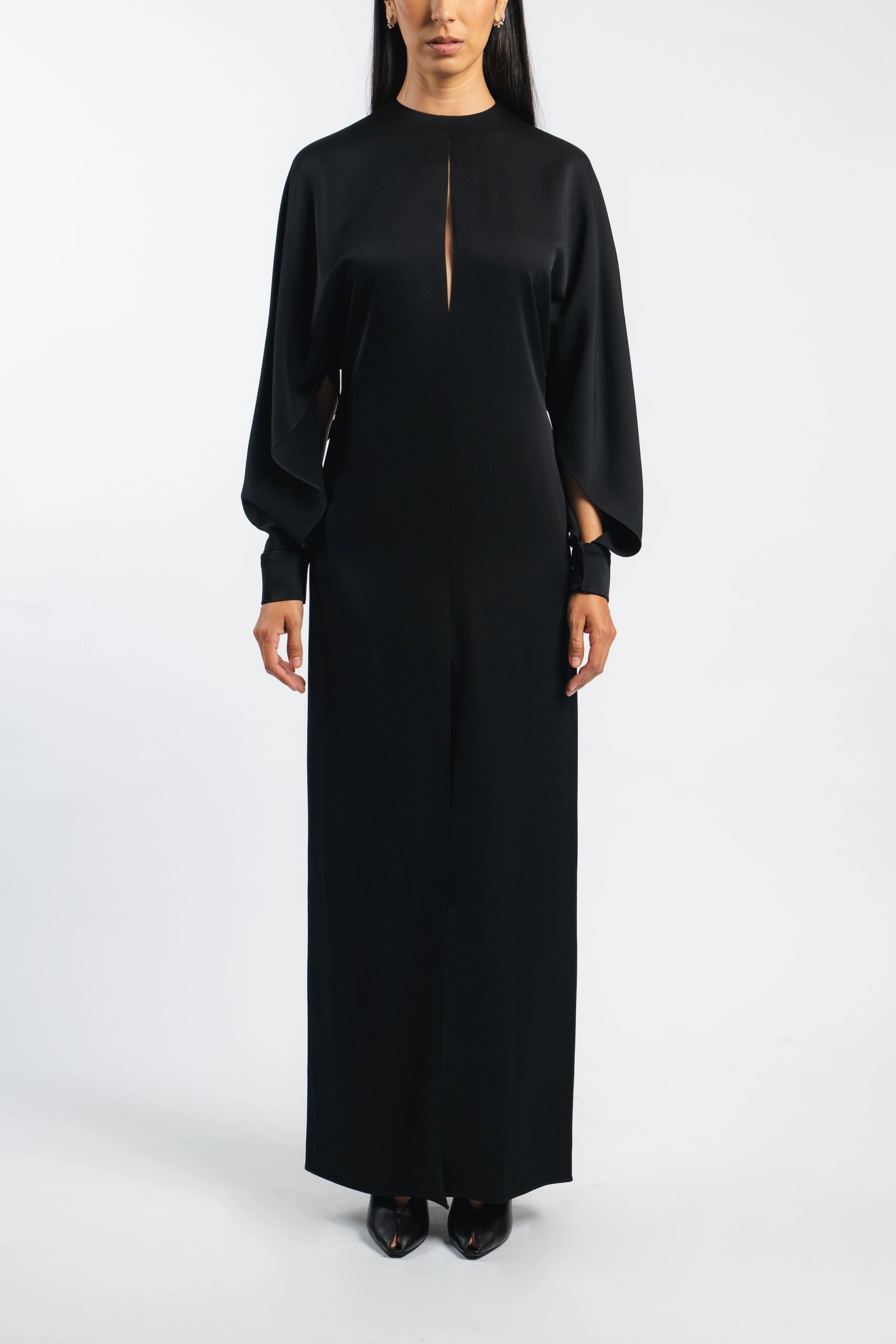 Satin Slit Sleeve Gown Removable-Straps Ruffle Detail