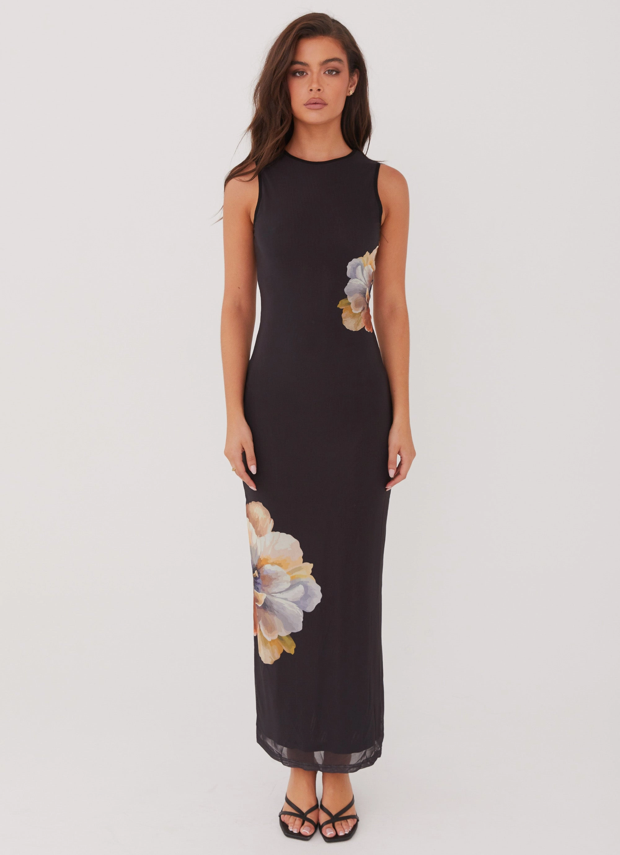 Side Effects Mesh Maxi Dress - Black Orchid Texture Flow Luxe Appeal