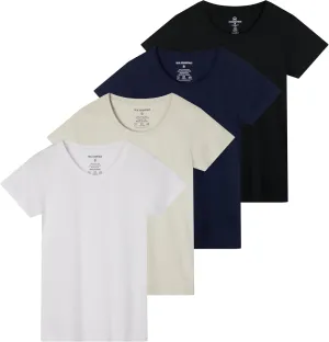 Real Essentials 4 Pack: Women's Classic-Fit Cotton Short-Sleeve Scoop Crew Neck T-Shirt (Available in Plus Size)