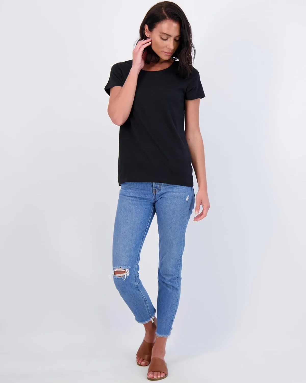 Real Essentials 4 Pack: Women's Classic-Fit Cotton Short-Sleeve Scoop Crew Neck T-Shirt (Available in Plus Size)