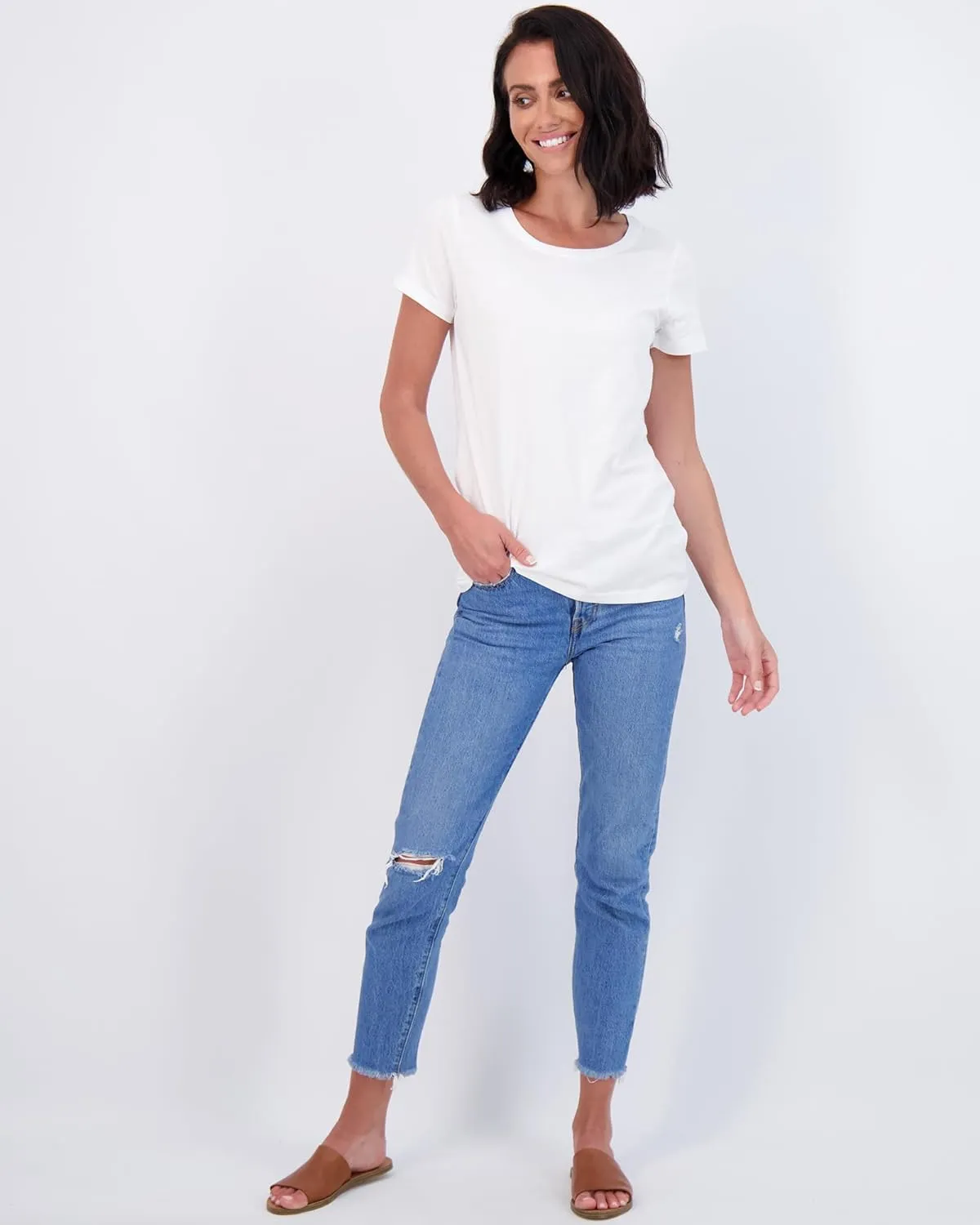 Real Essentials 4 Pack: Women's Classic-Fit Cotton Short-Sleeve Scoop Crew Neck T-Shirt (Available in Plus Size)