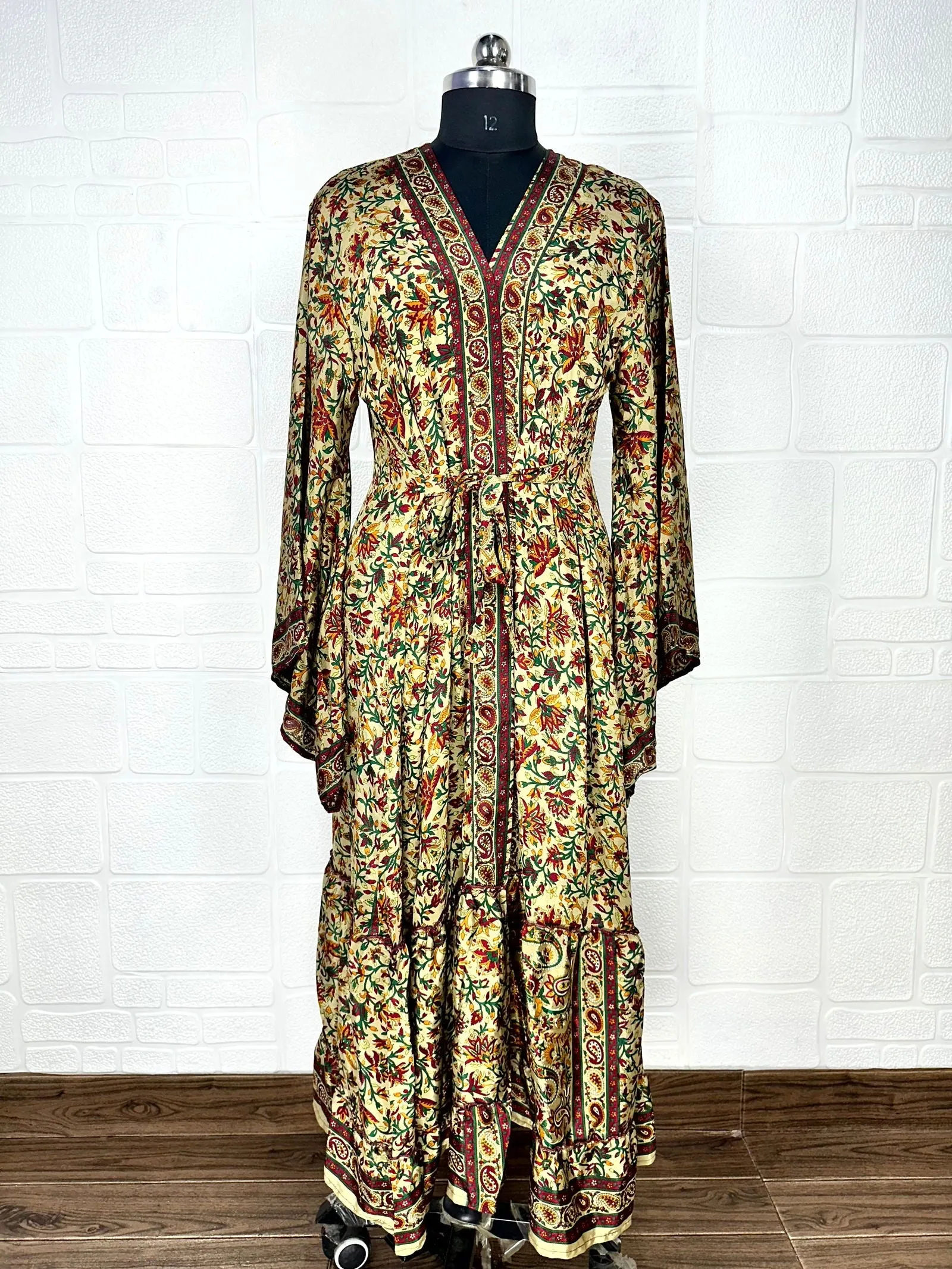 Recycle Boho House Robe Kimono Vintage Silk Sari Dressing Gown, Beach Coverup, Bridesmaid, Anniversary Gift Her | Floral Print Beige