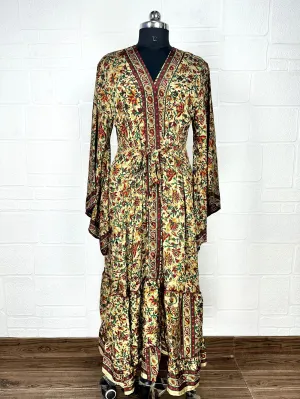 Recycle Boho House Robe Kimono Vintage Silk Sari Dressing Gown, Beach Coverup, Bridesmaid, Anniversary Gift Her | Floral Print Beige