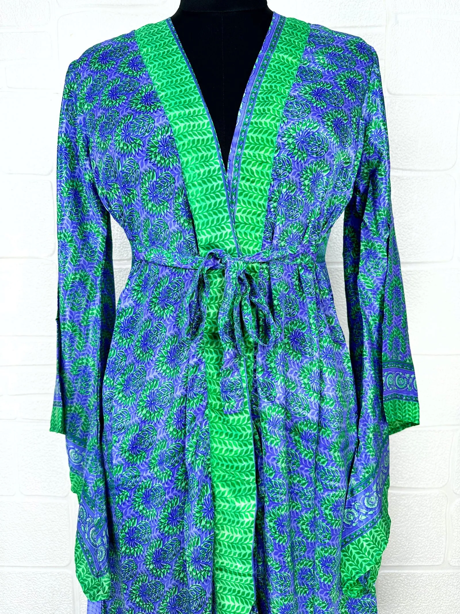Recycle Boho House Robe Kimono Vintage Silk Sari Dressing Gown, Beach Coverup, Bridesmaid, Anniversary Gift Her | Floral Print Blue Green