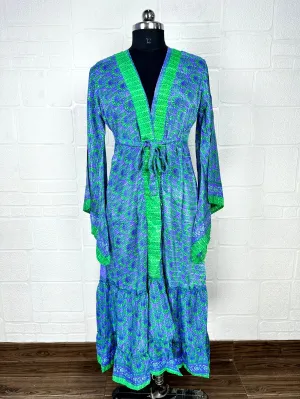 Recycle Boho House Robe Kimono Vintage Silk Sari Dressing Gown, Beach Coverup, Bridesmaid, Anniversary Gift Her | Floral Print Blue Green