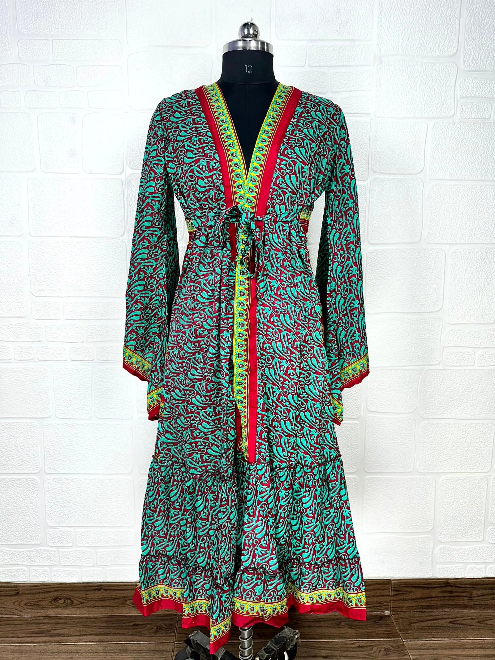 Recycle Boho House Robe Kimono Vintage Silk Sari Dressing Gown, Beach Coverup, Bridesmaid, Anniversary Gift Her | Floral Print Red Blue