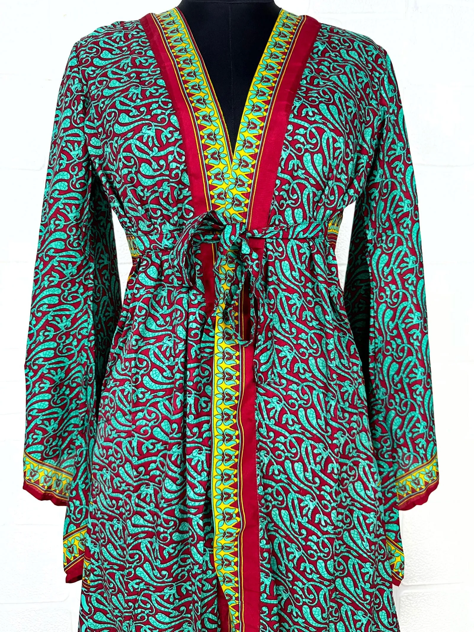 Recycle Boho House Robe Kimono Vintage Silk Sari Dressing Gown, Beach Coverup, Bridesmaid, Anniversary Gift Her | Floral Print Red Blue