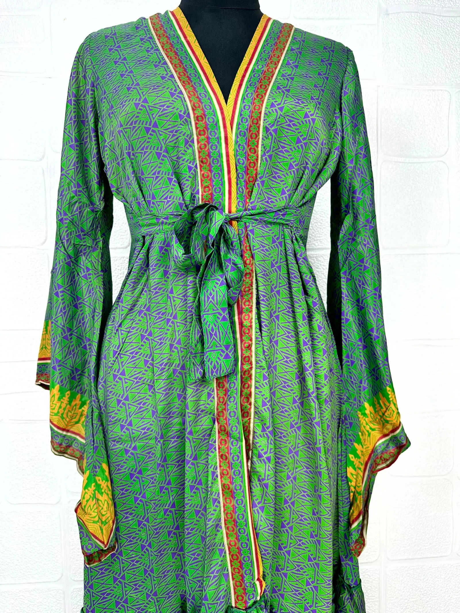 Recycle Boho House Robe Kimono Vintage Silk Sari Dressing Gown, Beach Coverup, Bridesmaid, Anniversary Gift Her | Geometric Print Green
