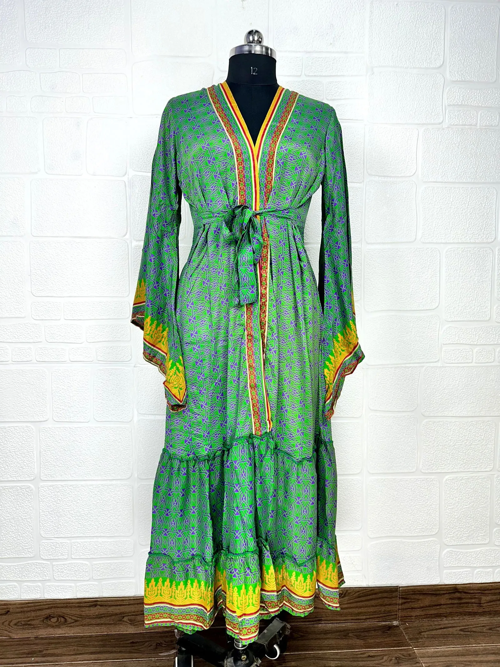 Recycle Boho House Robe Kimono Vintage Silk Sari Dressing Gown, Beach Coverup, Bridesmaid, Anniversary Gift Her | Geometric Print Green