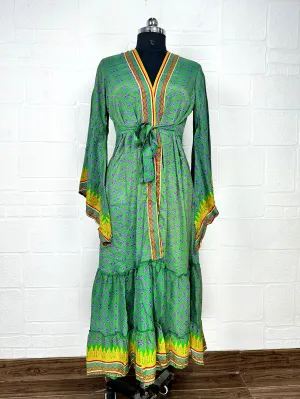 Recycle Boho House Robe Kimono Vintage Silk Sari Dressing Gown, Beach Coverup, Bridesmaid, Anniversary Gift Her | Geometric Print Green