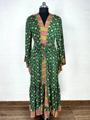 Recycle Boho House Robe Kimono Vintage Silk Sari Dressing Gown, Beach Coverup, Bridesmaid, Anniversary Gift Her | Leaf Print Green