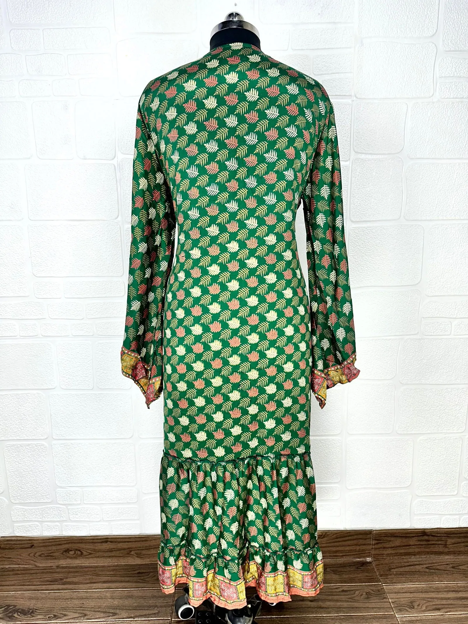 Recycle Boho House Robe Kimono Vintage Silk Sari Dressing Gown, Beach Coverup, Bridesmaid, Anniversary Gift Her | Leaf Print Green