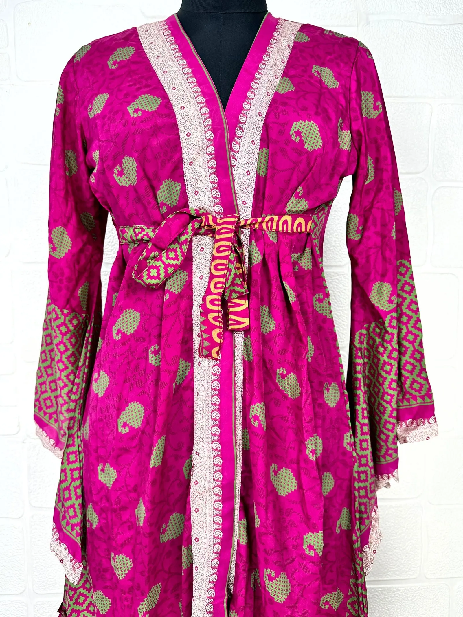 Recycle Boho House Robe Kimono Vintage Silk Sari Dressing Gown, Beach Coverup, Bridesmaid, Anniversary Gift Her | Paisley Print Pink