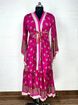 Recycle Boho House Robe Kimono Vintage Silk Sari Dressing Gown, Beach Coverup, Bridesmaid, Anniversary Gift Her | Paisley Print Pink
