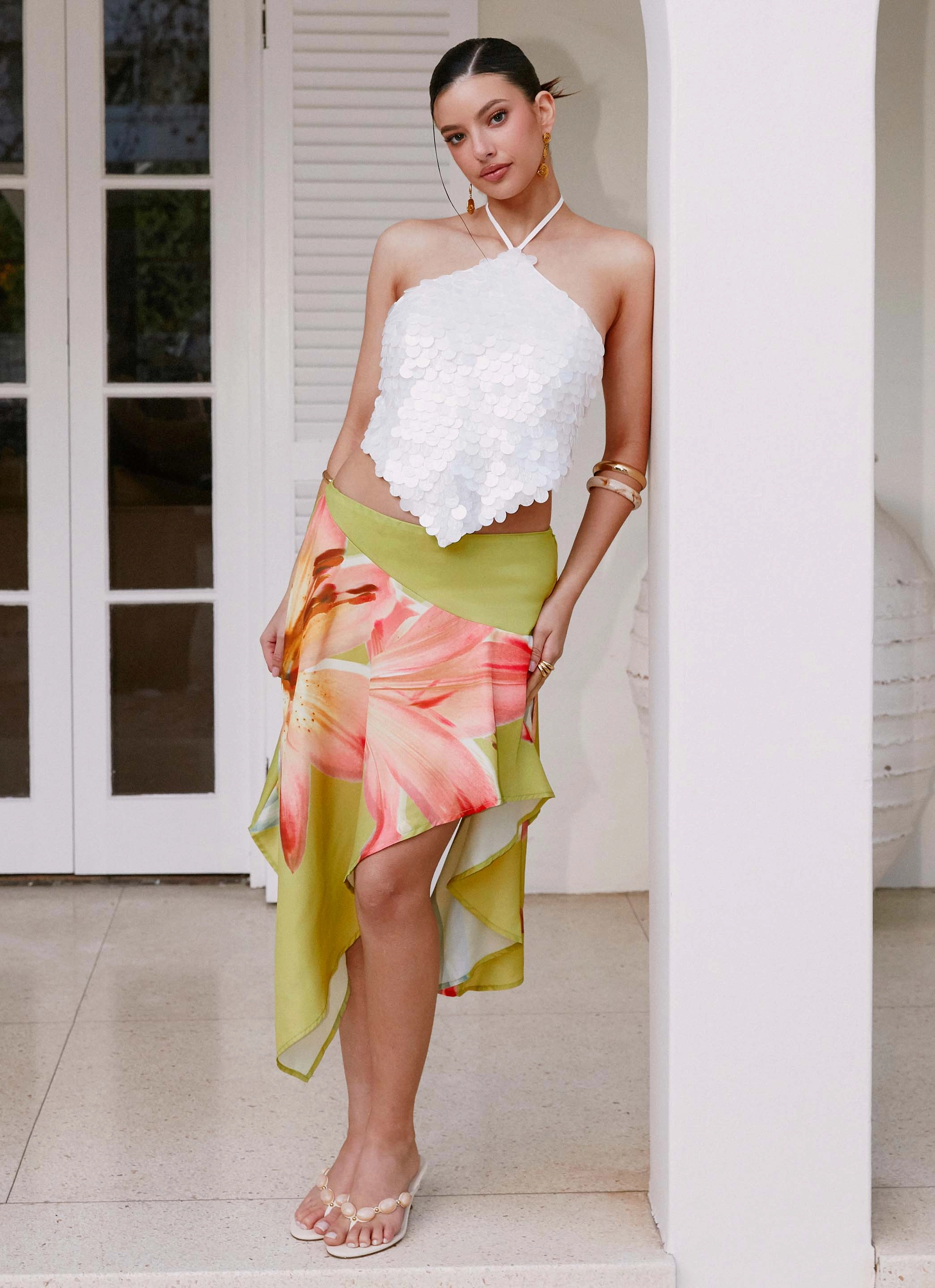 Non see through Kia Low Rise Asymmetrical Midi Skirt - Jungle Floral