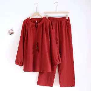 Red Pure Cotton Gauze Crepe Pajama Set
