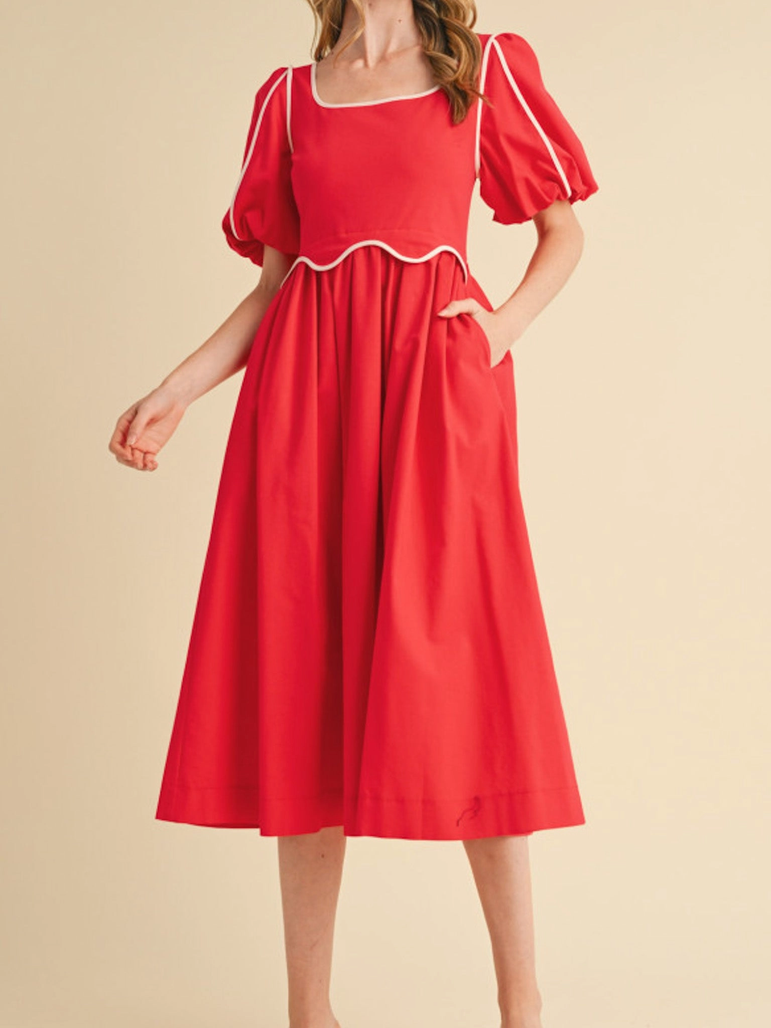 Polished Edge Bold Cut Red Scallop Midi Dress