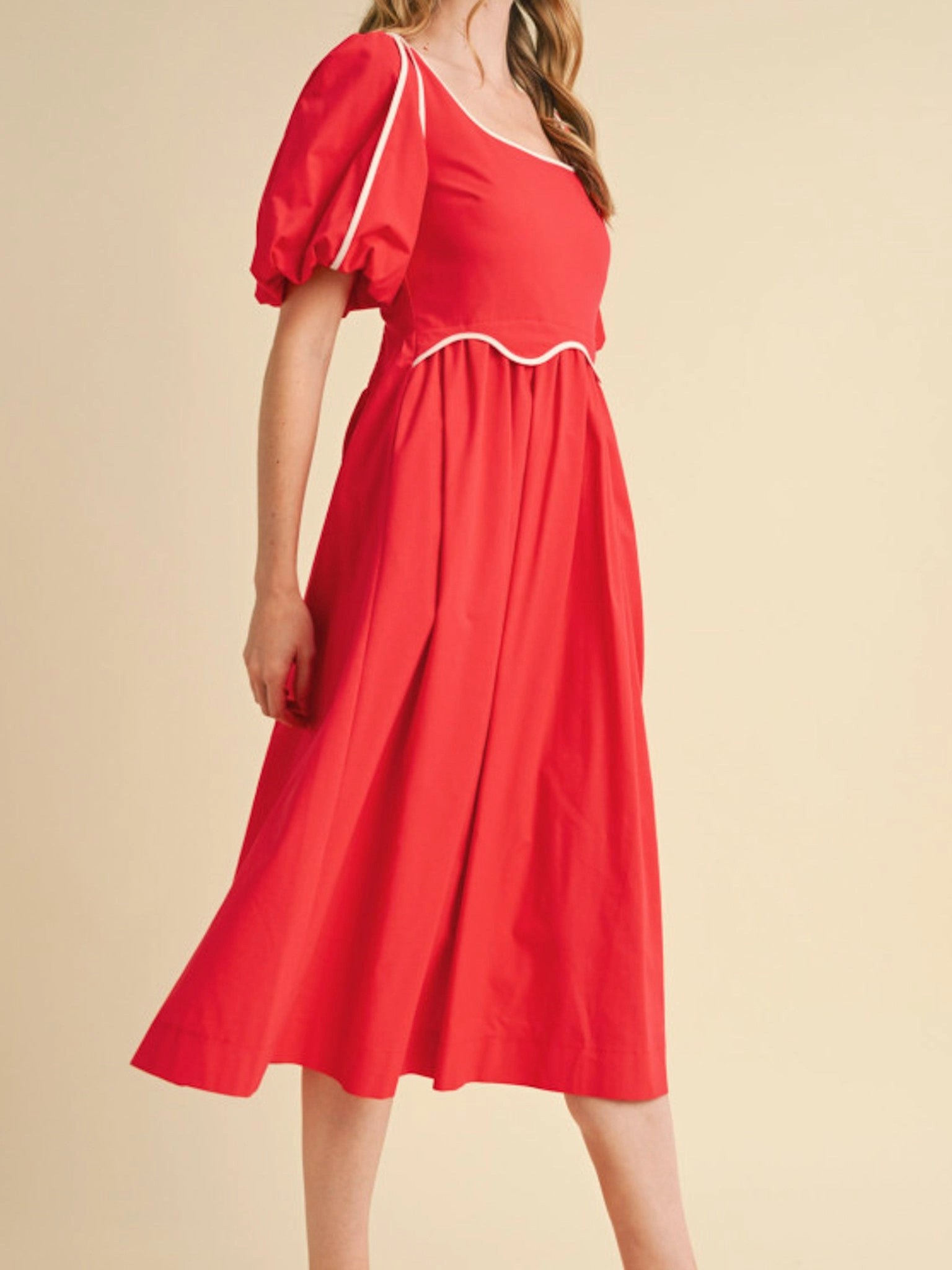 Workwear Comfort Stretch-Recovery Red Scallop Midi Dress