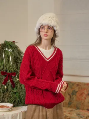 Reese V-Neck Constraing Ribbed Wool Sweater - Red FlatlockSeamTechnique