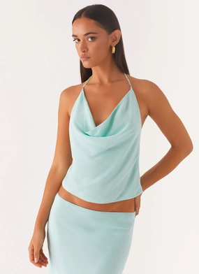 MicrofiberBlend Seamless Knit Design Another Life Halter Top - Pale Blue
