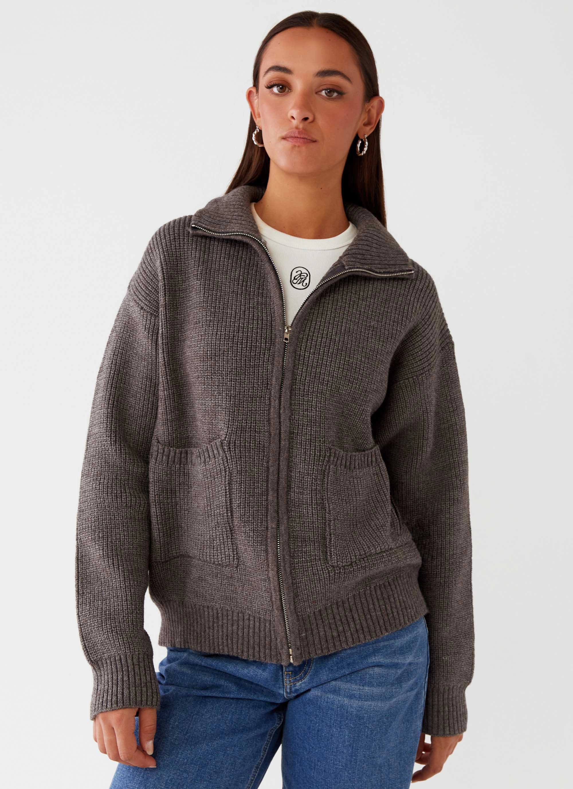 Reflective details Common Ground Oversized Zip Cardigan - Charcoal