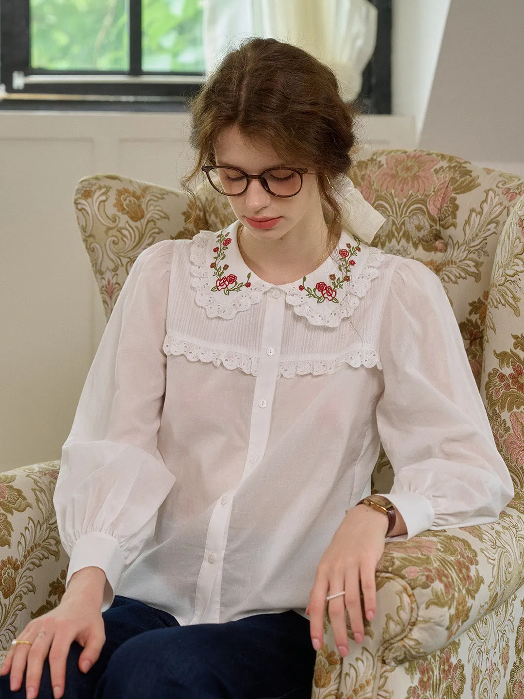 Anti Pill Finish MultiPocket Configuration Kelly Contrast Floral Embroidery Doll Collar Lace Cotton Shirt