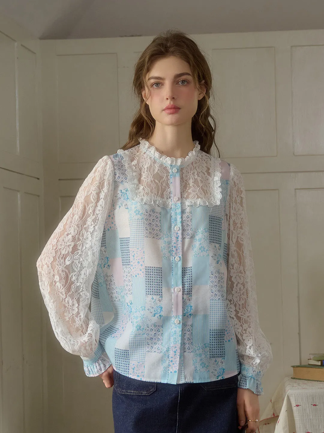 ??Final Sale??Vivienne Lace Collar Patchwork Blouse HygienicCoating