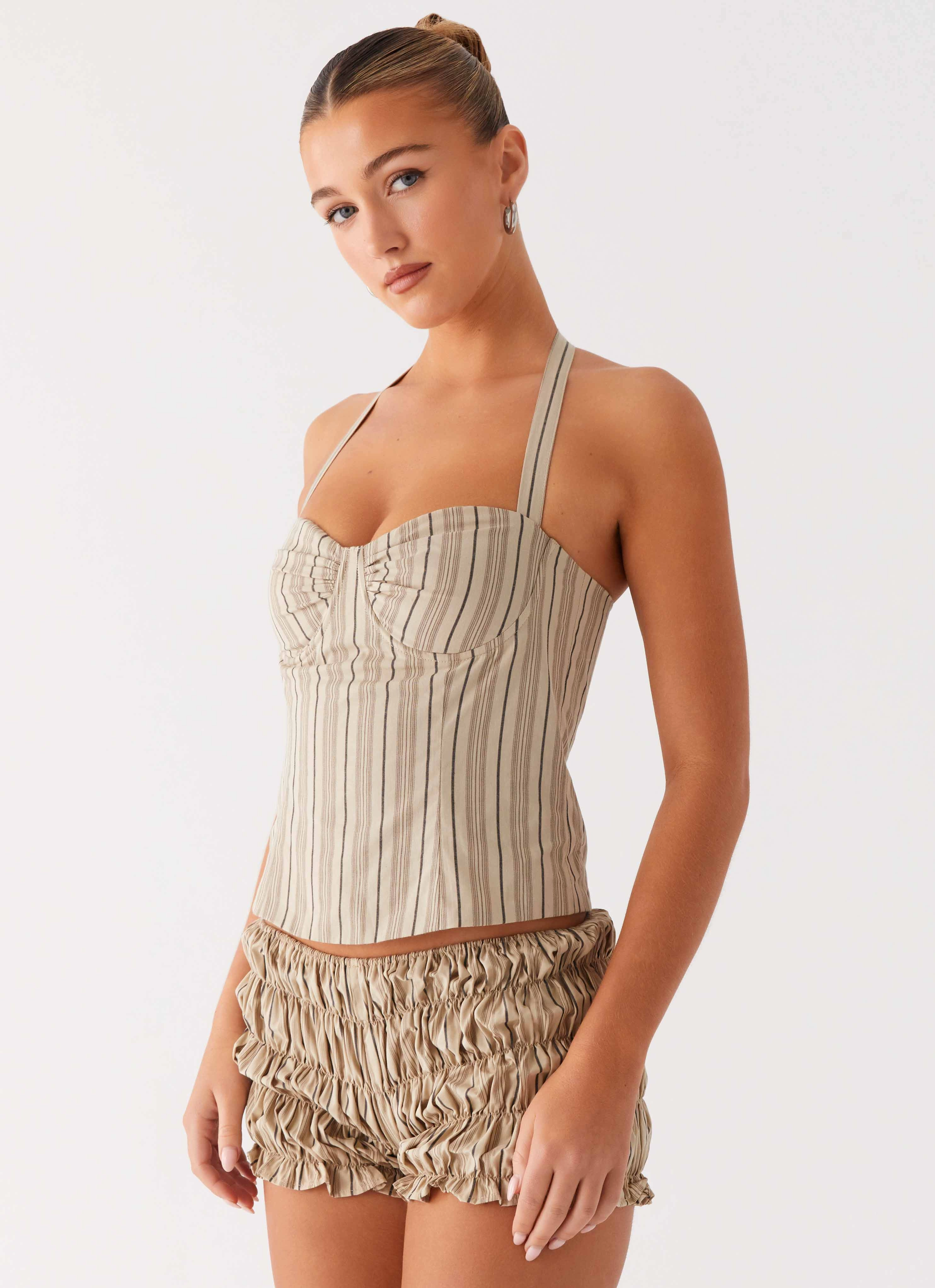 Cheryl Bustier Halter Top - Oatmeal Stripe ReflectiveDetails